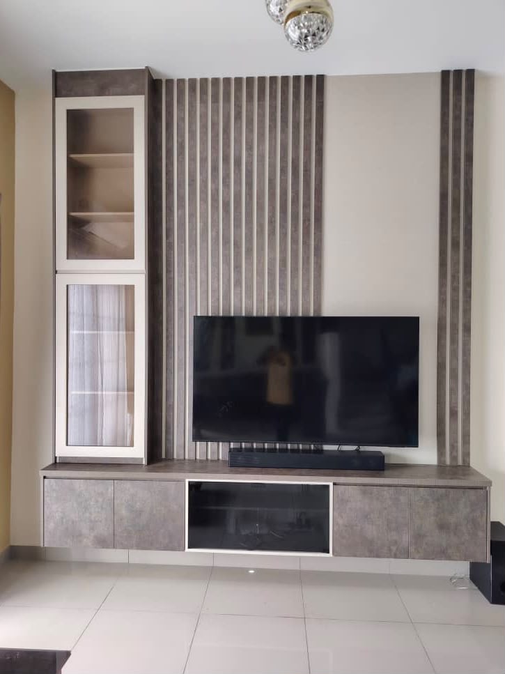 TV Feature Wall Concrete & Slat Kayu