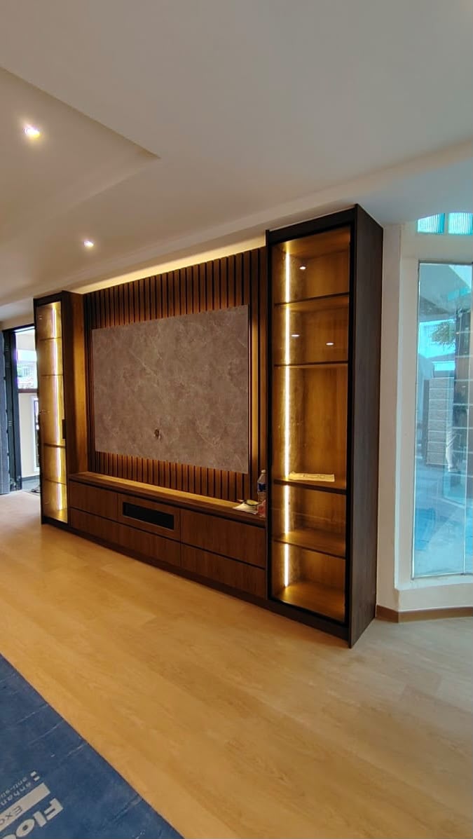 TV Cabinet Walnut dengan LED Display